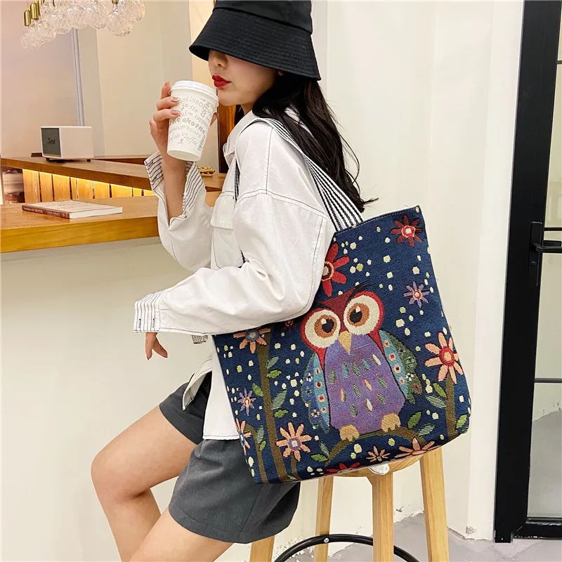 Canvas Bags For Women Shoulder Bag Retro Casual Tote Handbags Ethnic Style Embroidery Large Capacity Hand Bags