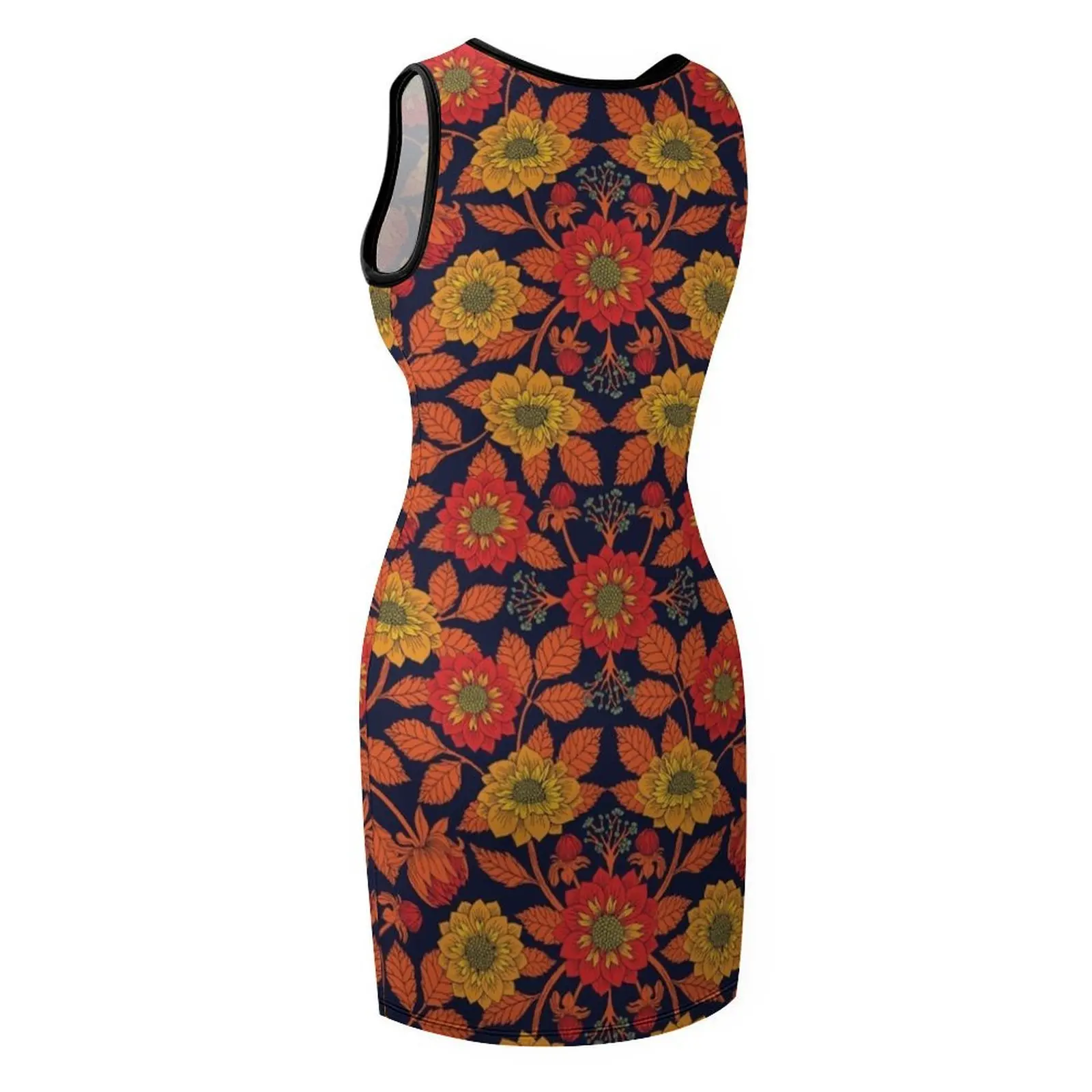 Vibrante amarelo, vermelho, laranja, azul e marinho padrão floral sem mangas vestidos de verão para vestido de baile feminino elegante luxo