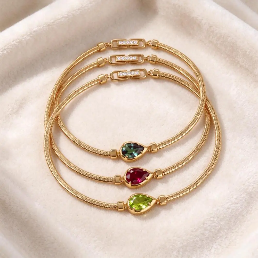 12 Colors Birthstone Stainless Steel Bracelets For Women Pear Cut Purple Blue Zircon Snake Chains Bangle Wristband Party Jewelry