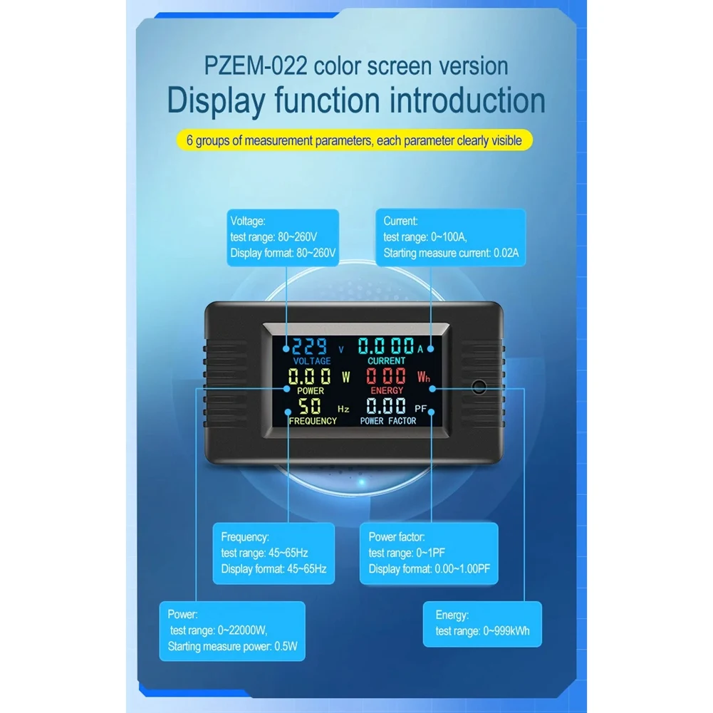 L63A  PZEM-022 Digital Electronic Meter 6in1 Color LED Screen Single Phase Meter Voltmeter Kwh Meter+Open CT 100A
