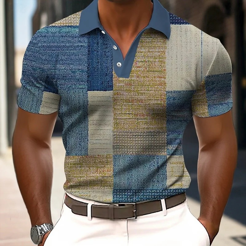 Geometric Splicing Pattern Polo Shirt For Men Colorful Texture 3D Print Tees Summer Street Short Sleeve Loose T-Shirt Lapel Tops