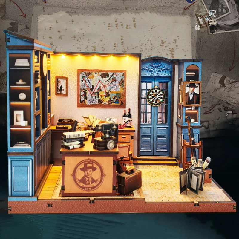 DIY Wooden Miniature Building Kits Detective Office Cottage Doll Houses With Furniture Casa Dollhouses for Friends Birthday Gift