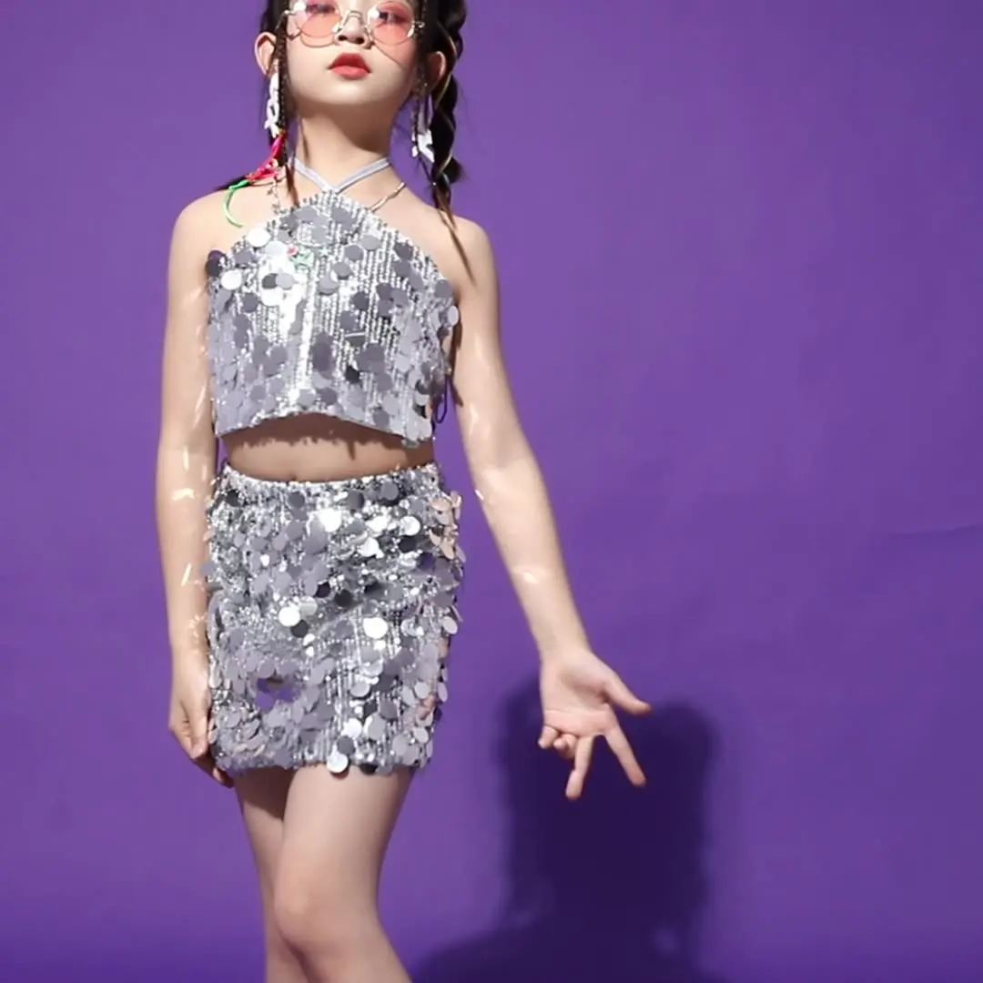 Kids Jazz Sequins Silver Shorts Model Catwalk Clothes Sets Girls Hip Hop Crop Top Sleeves Outfits  Street Dance Stage Costume