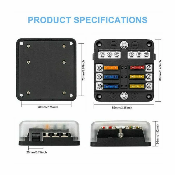 ฟิวส์บล็อกกันน้ำ6ทางพร้อมไฟ LED แสดงสถานะ12วงจรพร้อมกล่องฟิวส์ติดลบสำหรับรถบรรทุก DC 12/24V