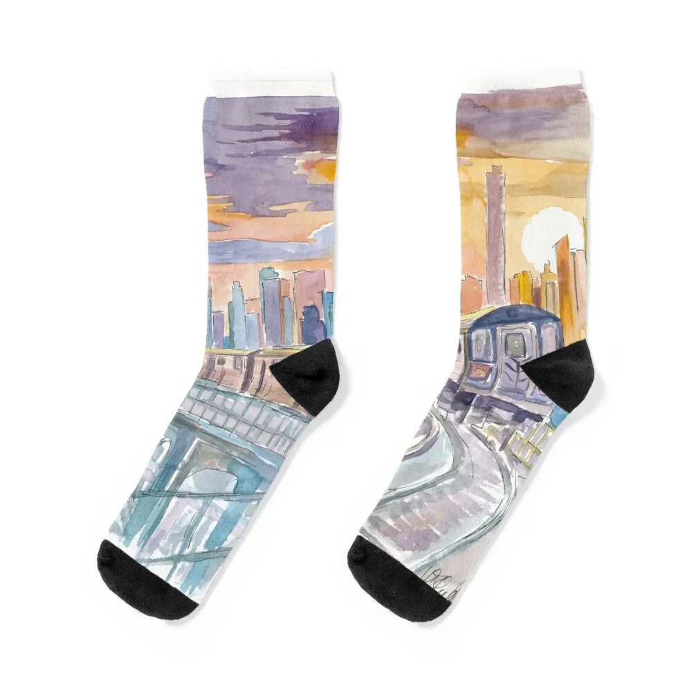 

Queens Subway Line 7 at Sunset over Manhattan Socks Heating sock aesthetic bright garter Man Socks Women's