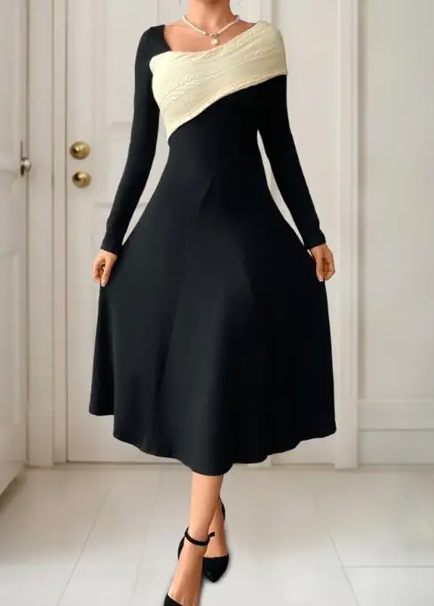 2025春夏新作　万能でセクシー、エレガントなウエストシェイプ、ゆったりとしたAラインのイレギュラーVネックカラーブロックワンピース