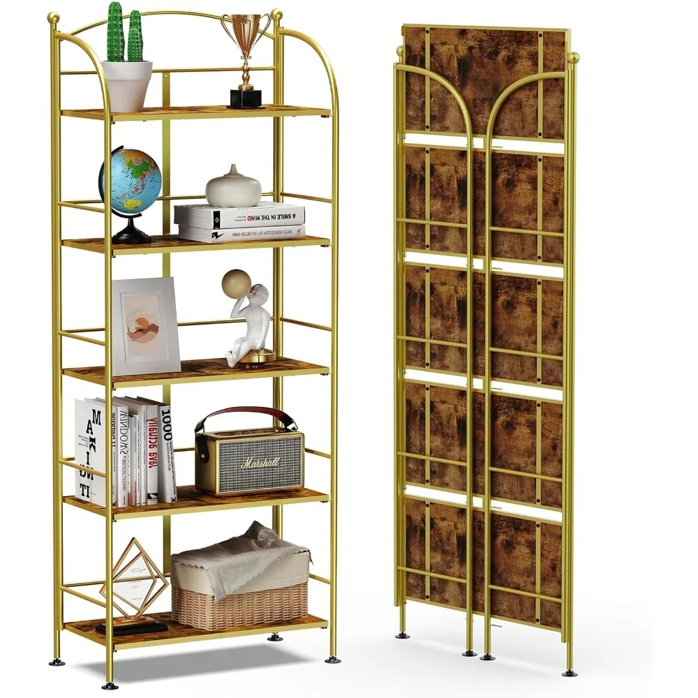 Folding Bookshelf No Assembly, 5 Tier Shelf Gold Collapsible, Rched Metal Display Book Shelf with Storage Shelves, Bookcases