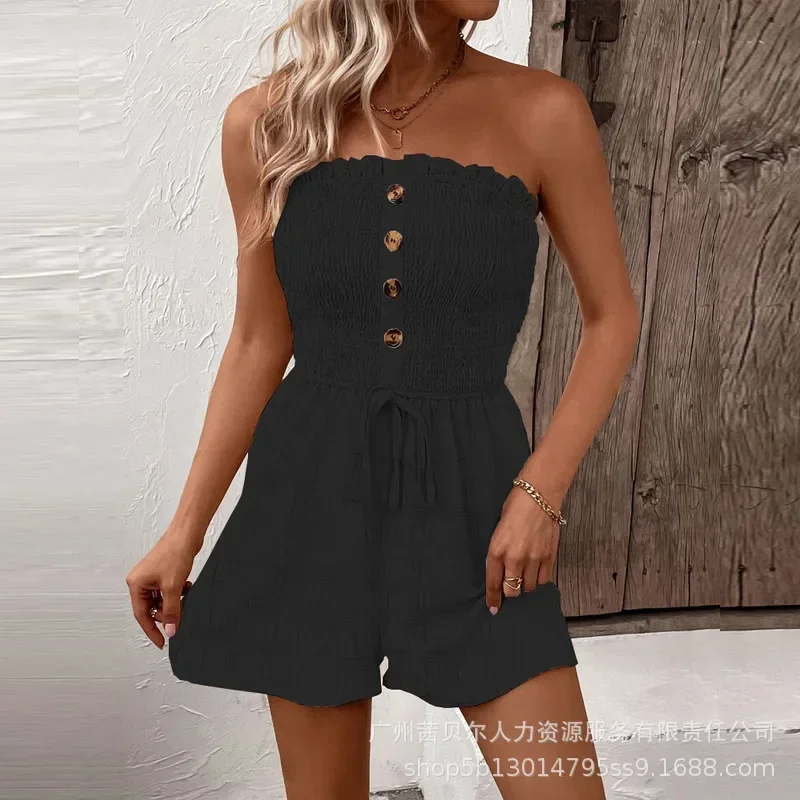 Low Cut Rompers Playsuits Solid Color High Waist Tube Top Casual Jumpsuit Women Sexy Strapless Wide Leg Pant Jumpsuits