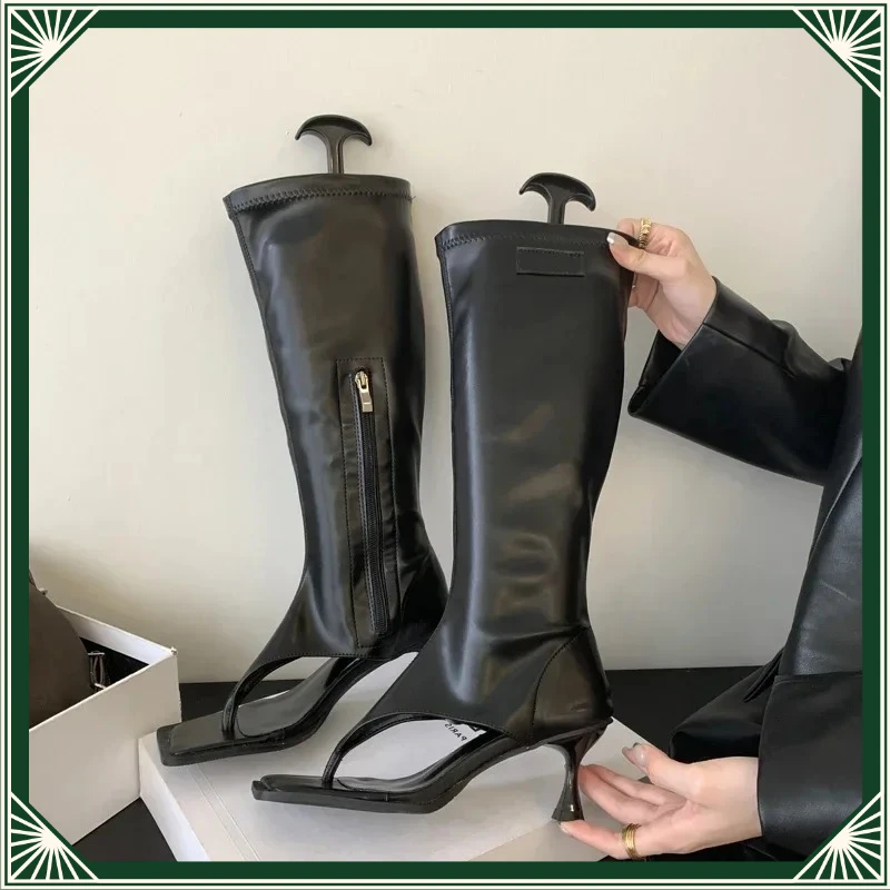 Botas altas hasta la rodilla con punta abierta y clip, 2026, botines modernos para mujer, tacones bajos delgados, cremallera lateral, sandalias de fiesta negras sexys