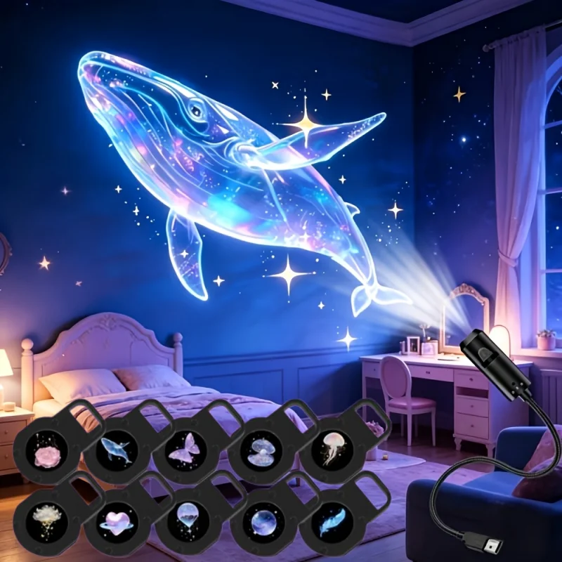 Creative Dreamy Whale USB Projection Lamp 3/6/10pcs Patterns LED Projects Light Rose,Jellyfish Atmosphere Light Festive Gift