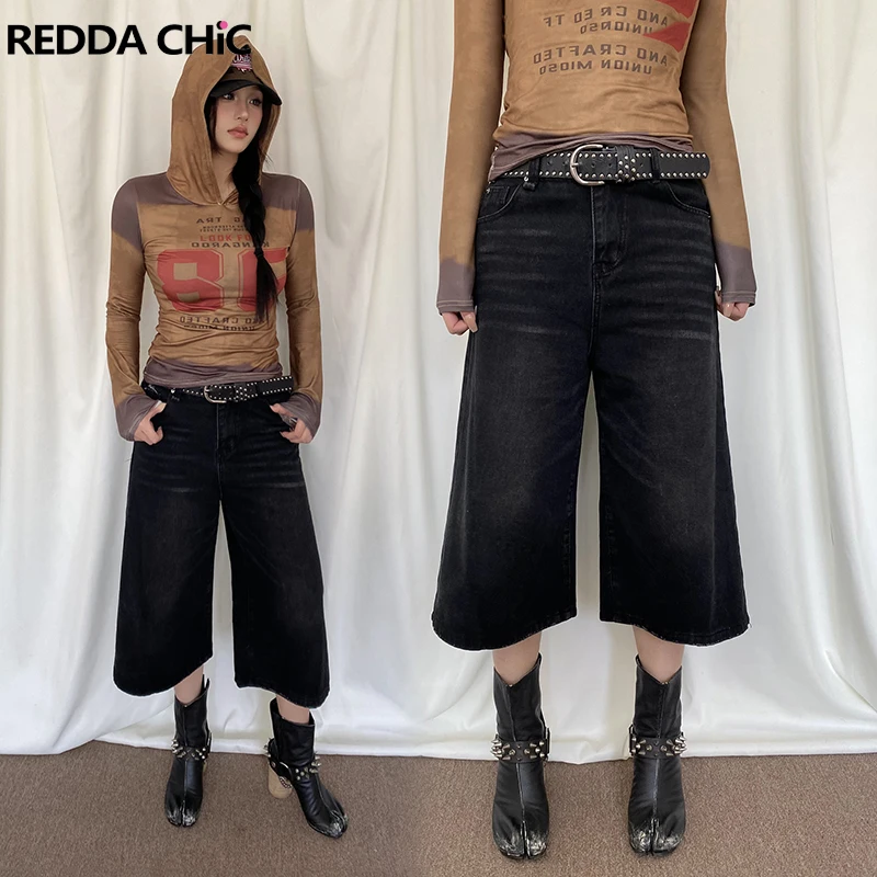 

REDDACHiC Women Low Waist Baggy Jorts Brushed Black Distressed Wide Leg Casual Short Pants Acubi Fashion Vintage Y2k Streetwear