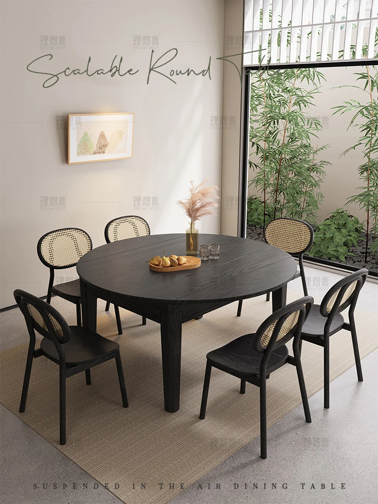 Full solid wood dining table and chair dual-purpose retractable black French retro ash wood large table household