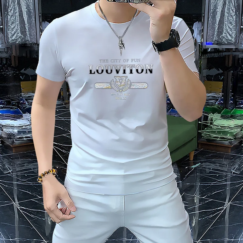 

Men's Luxury T-shirt Summer Rhinestone High Quality Handsome Male Tees European Fashion Round Neck Tops Slim Fit Clothing M-5XL