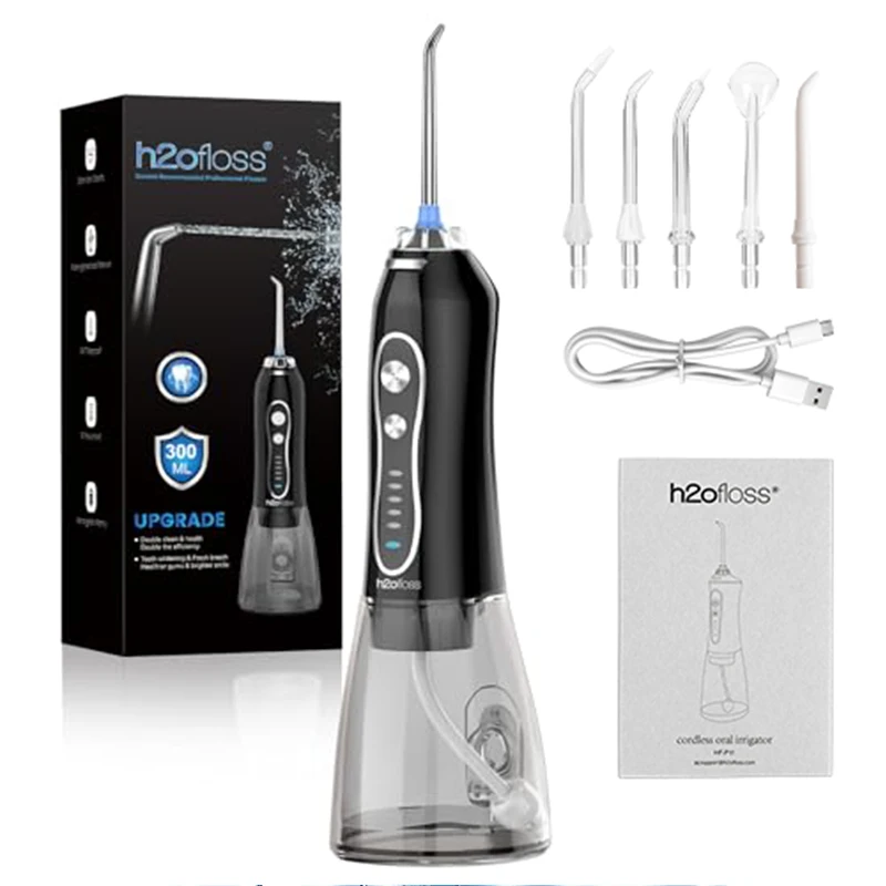 H2ofloss Wasserflosser für Zähne, tragbarer Munddusche, Dental-Wasserstrahl, Hochdruckreinigung, Mundreinigung, 2500 mAh, 300 ml, 5 Modi
