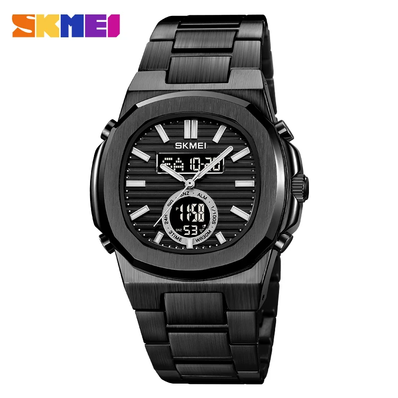 SKMEI 2279 Waterproof 3-Time Night Light Electronic Watch Men's Sports Watch Fashion Business Dual Display Watch Steel Belt