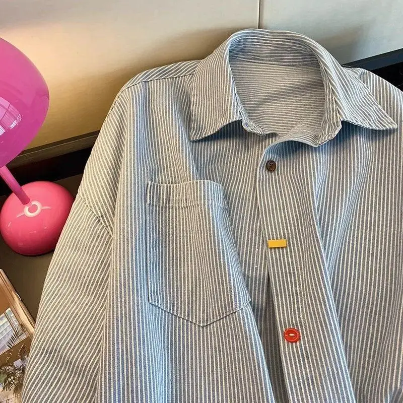 Retro minimalistisch contrast gestreept shirt dames Koreaanse oversized polokraag blouse met lange mouwen lente losse fit casual top