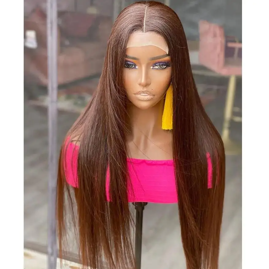 

200 Density 28inch Long Brown Silky Straight 5x5 Silk Base Jewish Human Hair Wig With Baby Hair HD Lace European Hair Preplucked