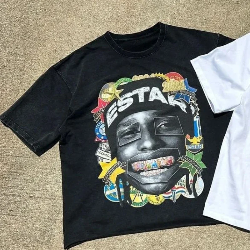 جديد Harajuku زوجين الكرتون نمط الجرافيك تي شيرت الهيب هوب القوطي المتضخم تي شيرت فضفاض جولة الرقبة قصيرة الأكمام الشارع الشهير #2