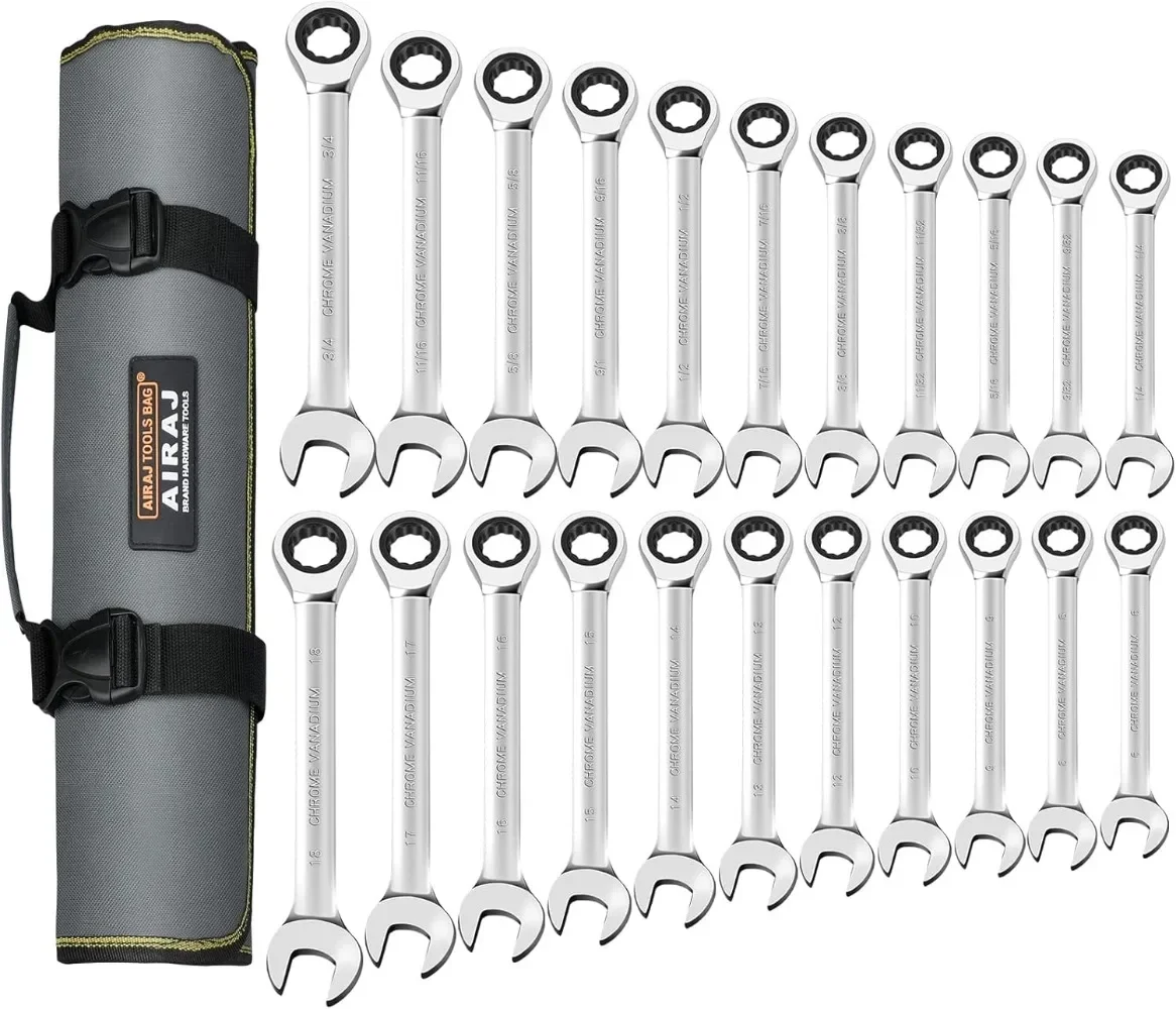 22 PCS Ratcheting Wrench Set,Standard Combination Ratchet Wrenches Set for Car Repair,Chrome Vanadium Steel,