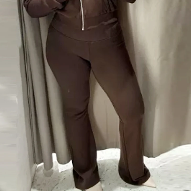 HXAO Fleece-Schlaghose, Damenhose, Schwarz, Braun, Grau, Hose für Damen, schicke, hoch taillierte Schlaghose, lässige Sporthose – Detail 7
