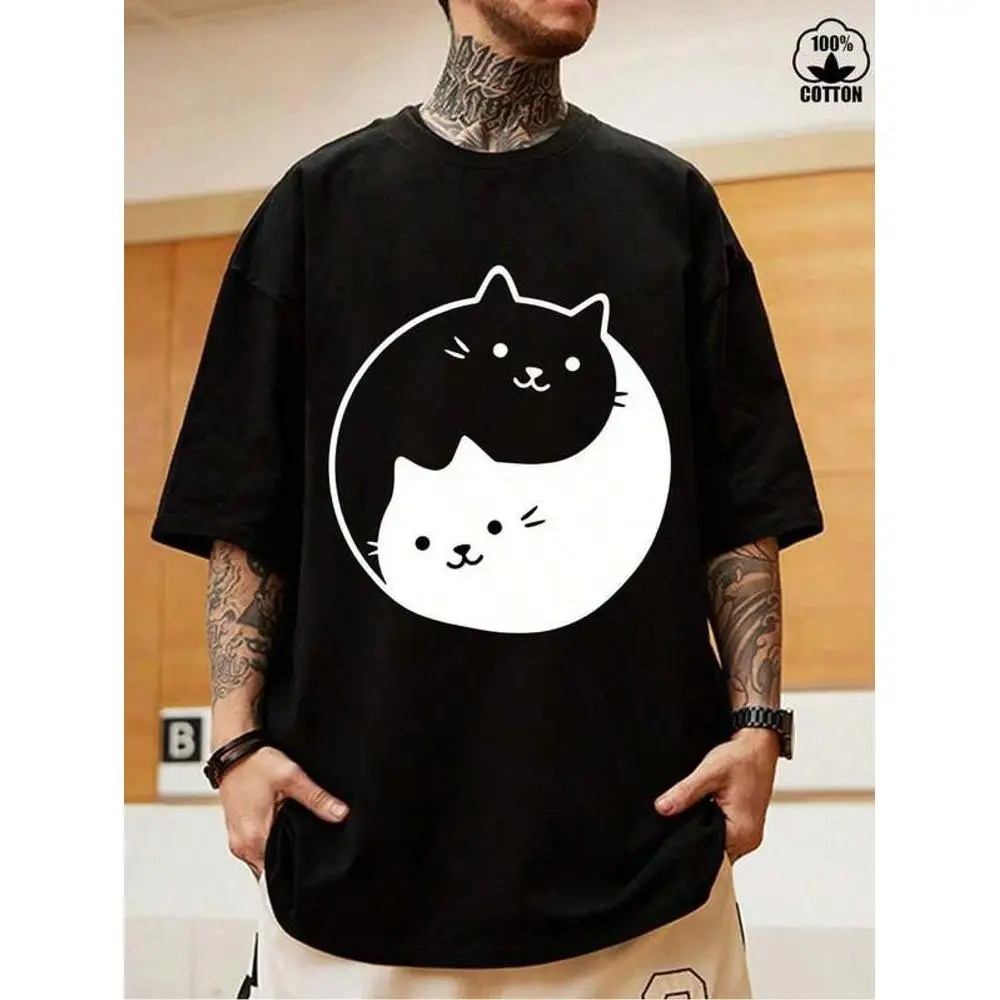 Mens 200g Heavyweight T-Shirt Yin Yang Cat Print Black White Martial Arts Style Round Neck Short Sleeve Casual Comfortable Fit