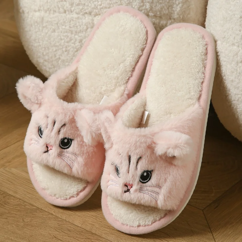 Cute Cat Plush Flip Flops For Women Men Warm Fuzzy Thong Slippers Cartoon Animal Indoor House Slippers Soft Thick EVA Sandals view 2