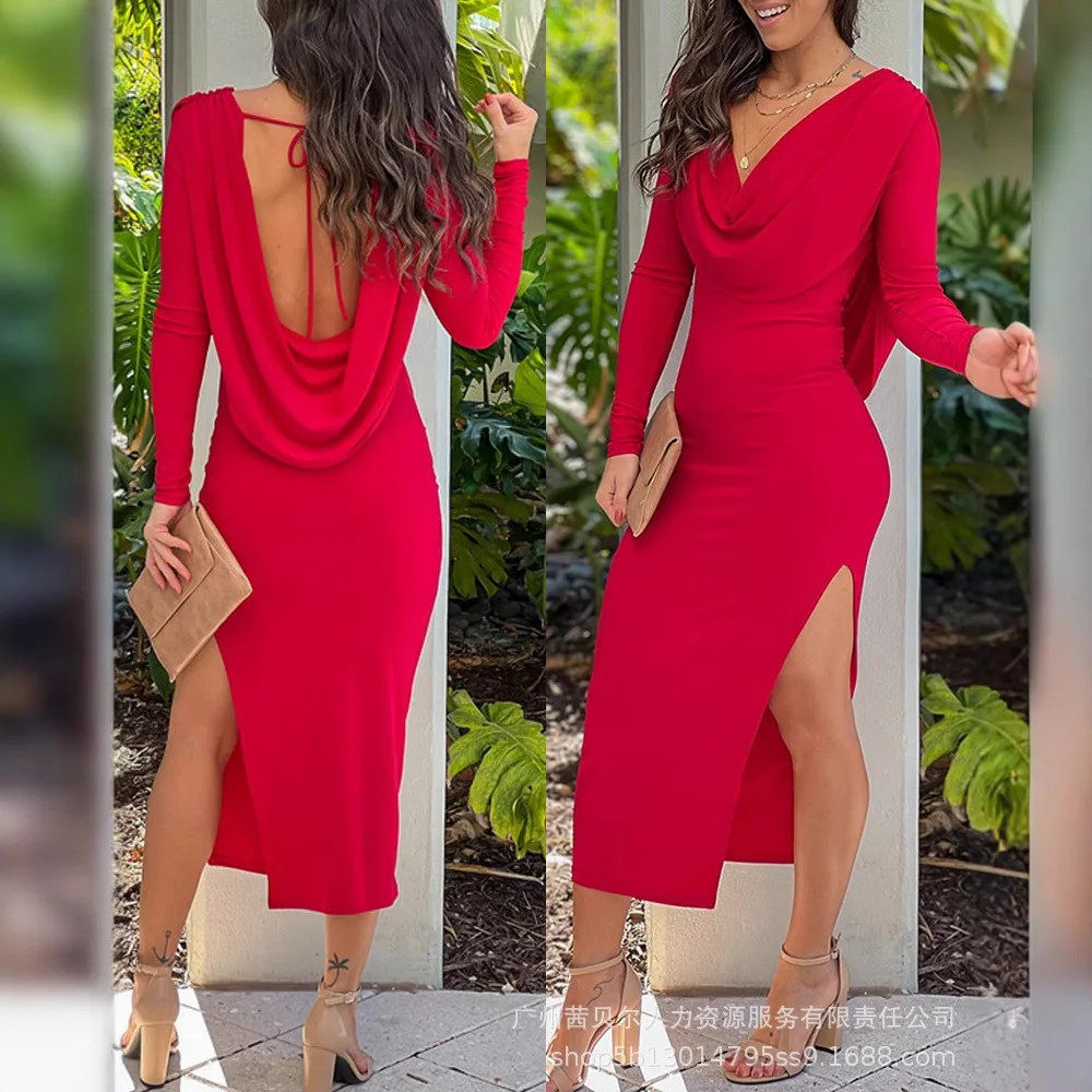 

Dress Women Bodycon Dresses Sexy High Waist Buttocks Dress Swinging Collar Long Sleeve Slim Party Slight Strech Vestidos 2025