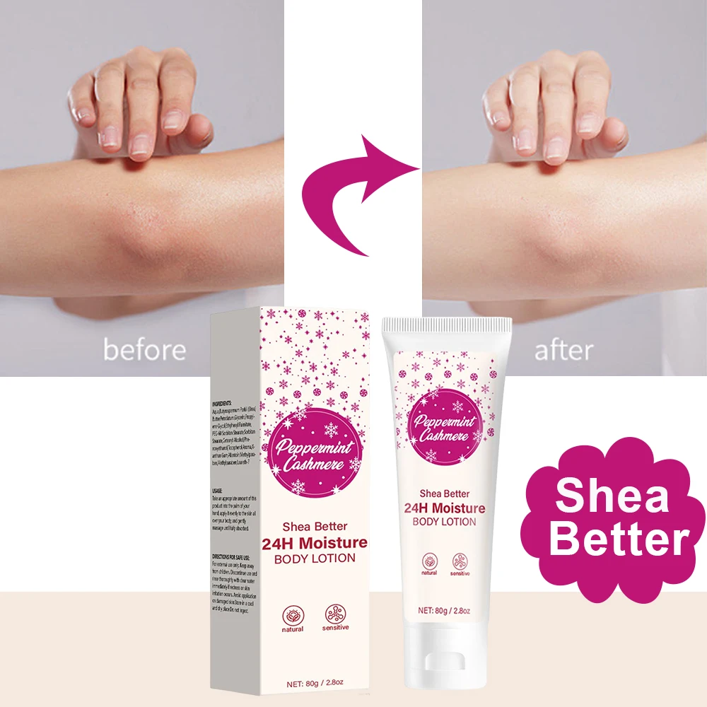 Loción Corporal Shea Better, Menta y Cachemira, Cuidado de la Piel, Hidratación 24 Horas, Loción Corporal para Mujer, Artículos de Aseo de Viaje, 80g