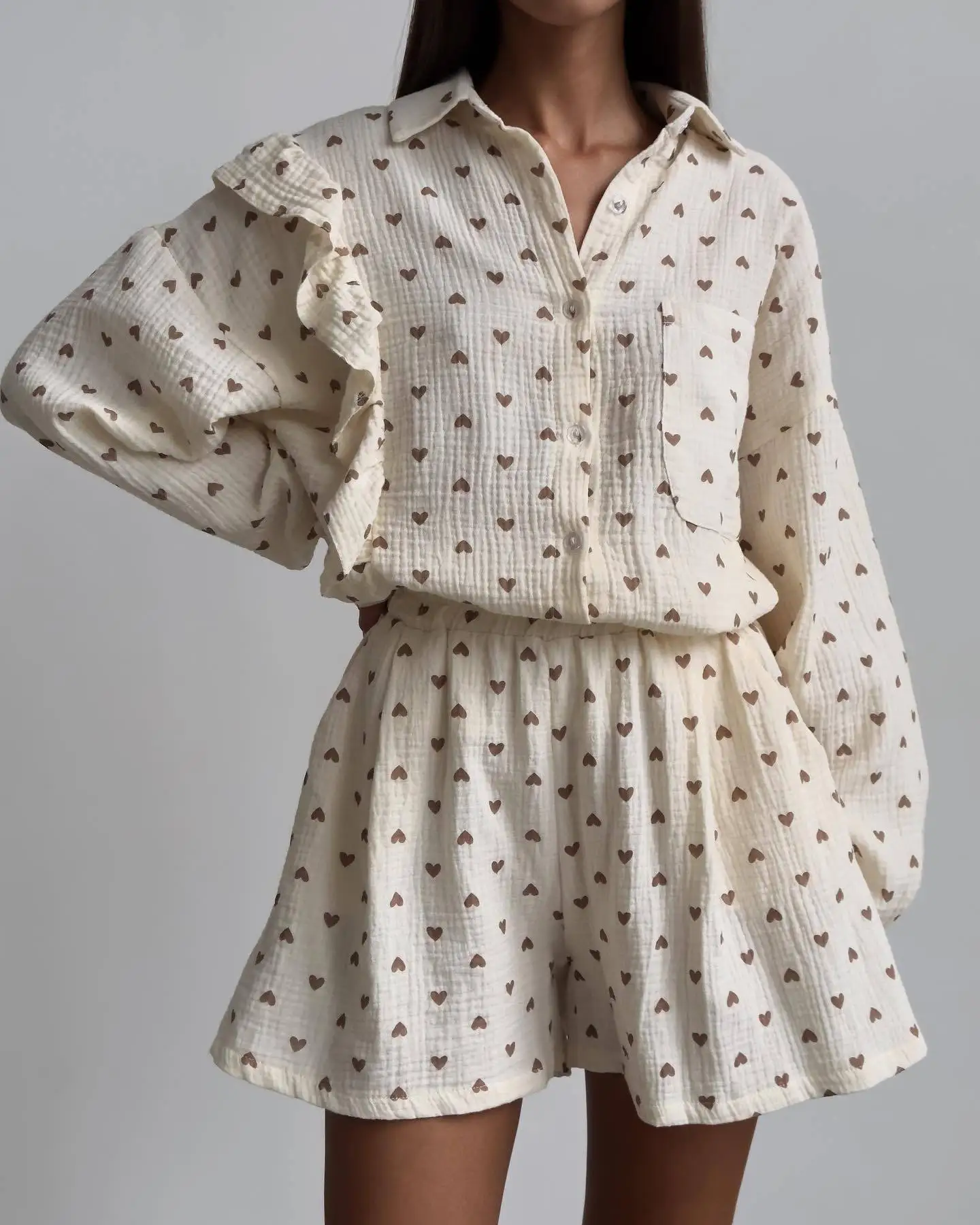 Cotton Heart Print Pajama Sets for Women Long Sleeve Blouses Shorts Set Casual Loose Shirt Female Short 2 Piece Home Suit Outfit