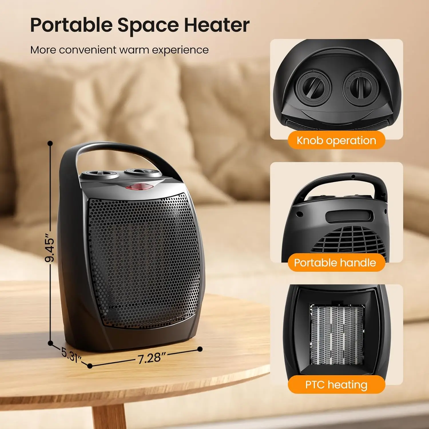 1500W Small Electric Ceramic Space Heater Portable Heater Fan for Office with Adjustable Thermostat and Overheat Protection