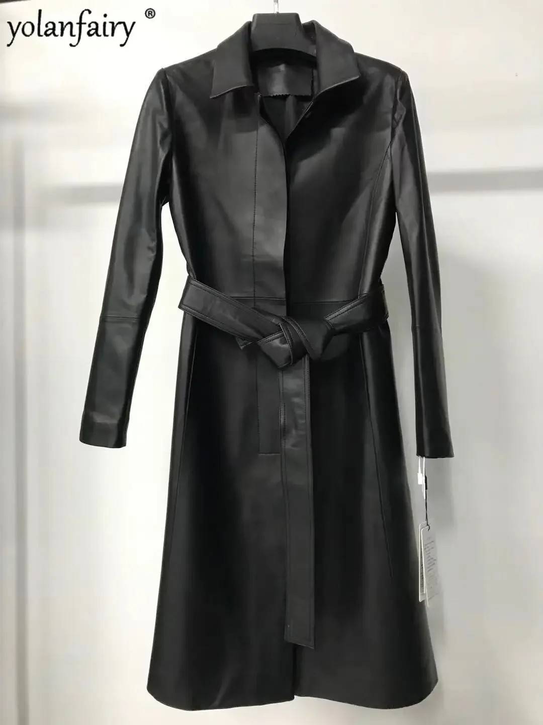 YOLANFAIRY 春本革シープスキンコート女性のミッドロング天然皮革服ファッションウインドブレーカーコートとジャケット