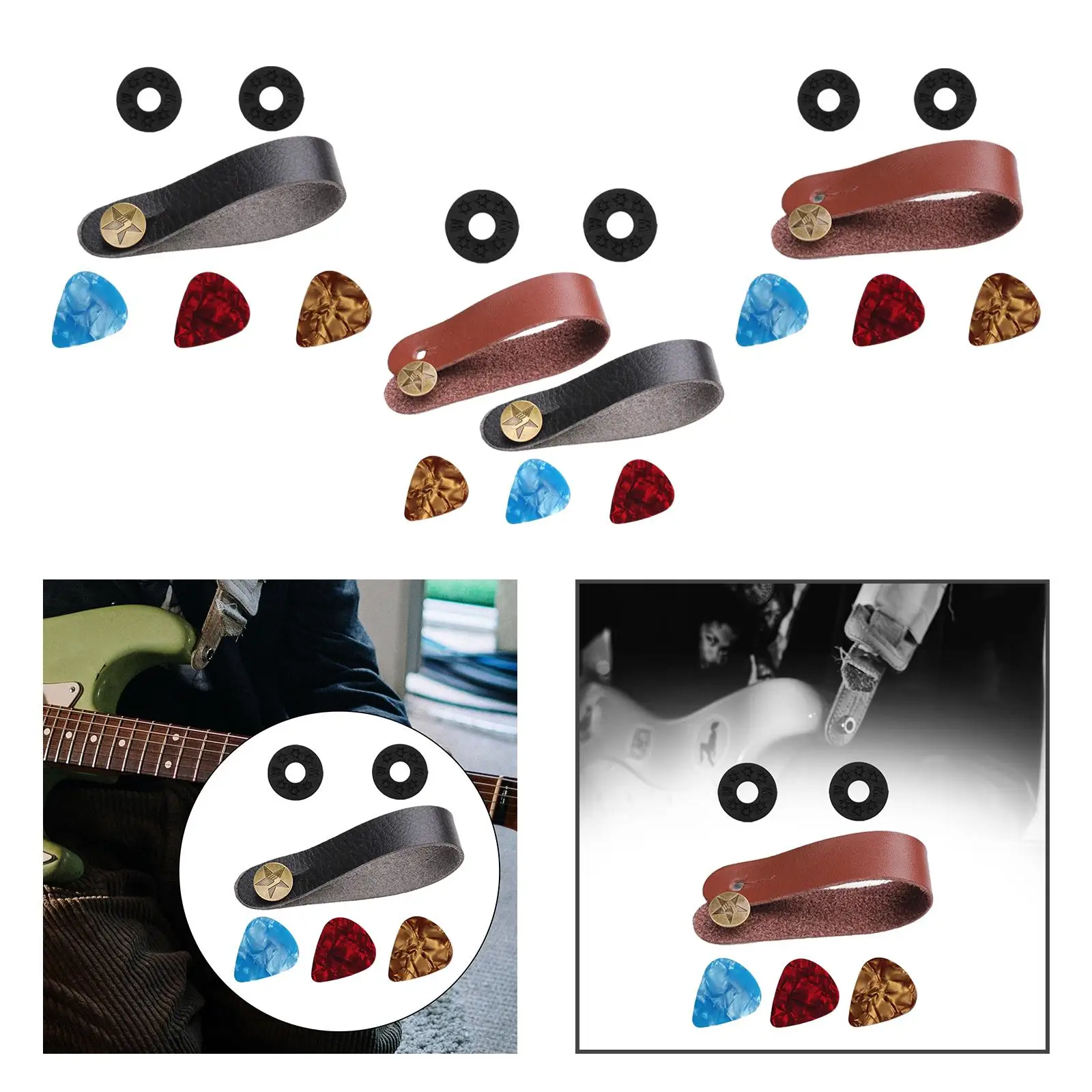Durable Guitar Strap Lock PU Leather Headstock Button Adapter Pick Holder Music Accessory for Acoustic Guitar Ukulele Mandolin