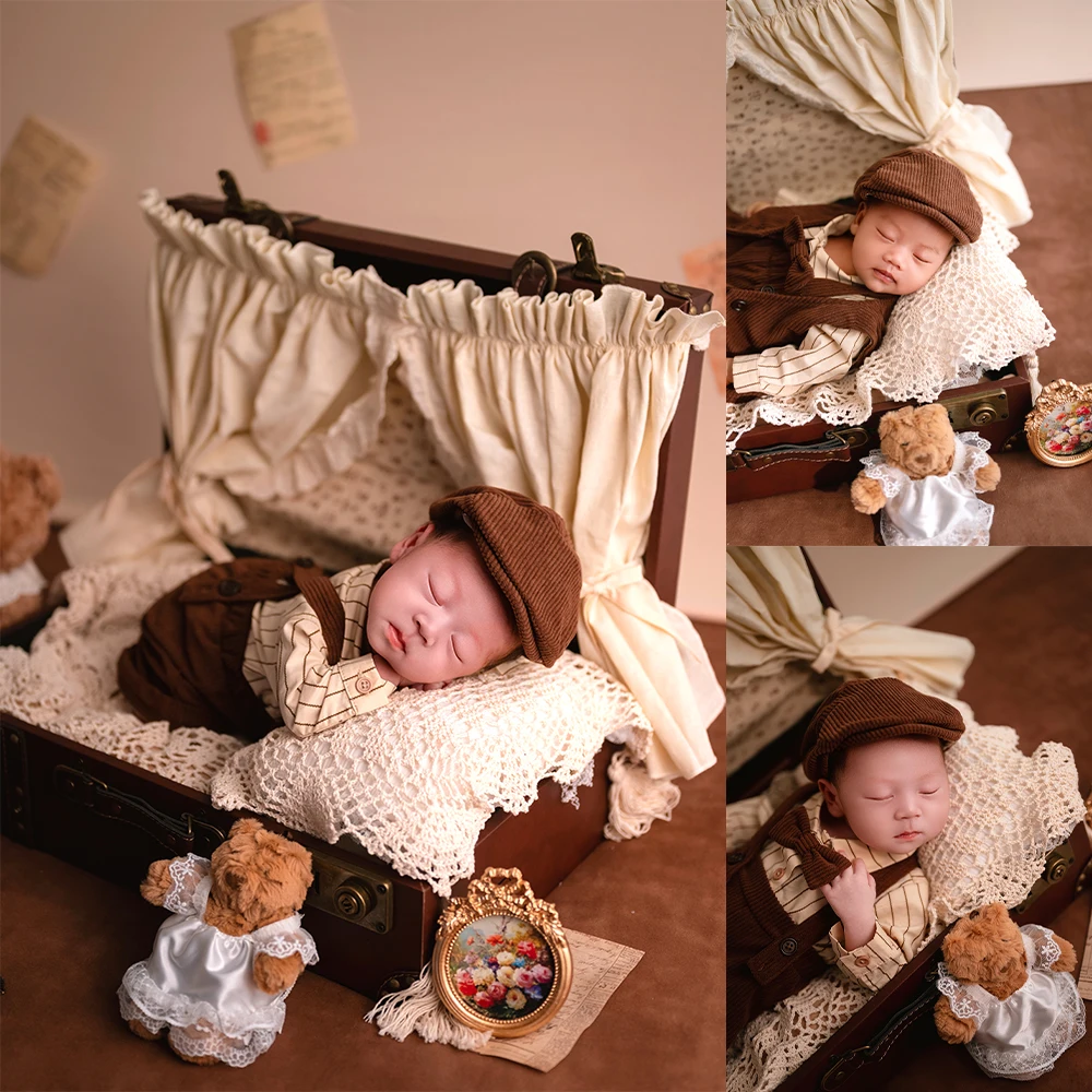 

Newborn Photography Prop Kit Vintage Wedding Theme Baby Formal Wear Teddy Bear Plush Doll Studio Creative Photo Prop for Infants