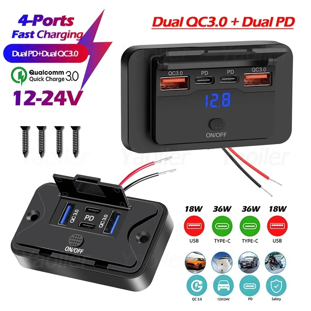 

2026 Upgraded 12V/24V RV USB Outlet Dual QC3.0 USB-A & Type-c USB-C Ports Car Charger Socket Panel for Car Boat Marine Truck Bus