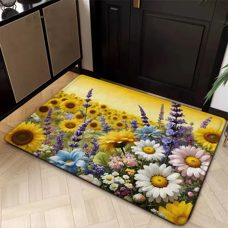 Lush Green Lawn Wildflower Bee Doormat Meadow Scene Print Non Slip Entry Floor Rug For Porch Kitchen Botanical Style Decor