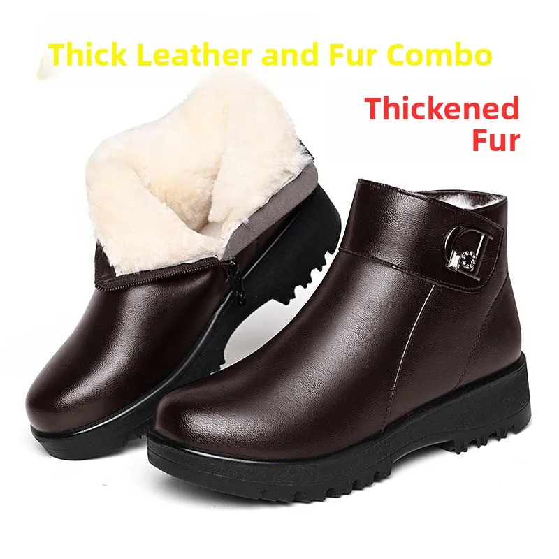 Mom Winter Short Boots Real Leather Fur Integrated Fleece Lined Flat Bottom Warm Cotton Shoes Soft Anti Slip Ladies Footwear