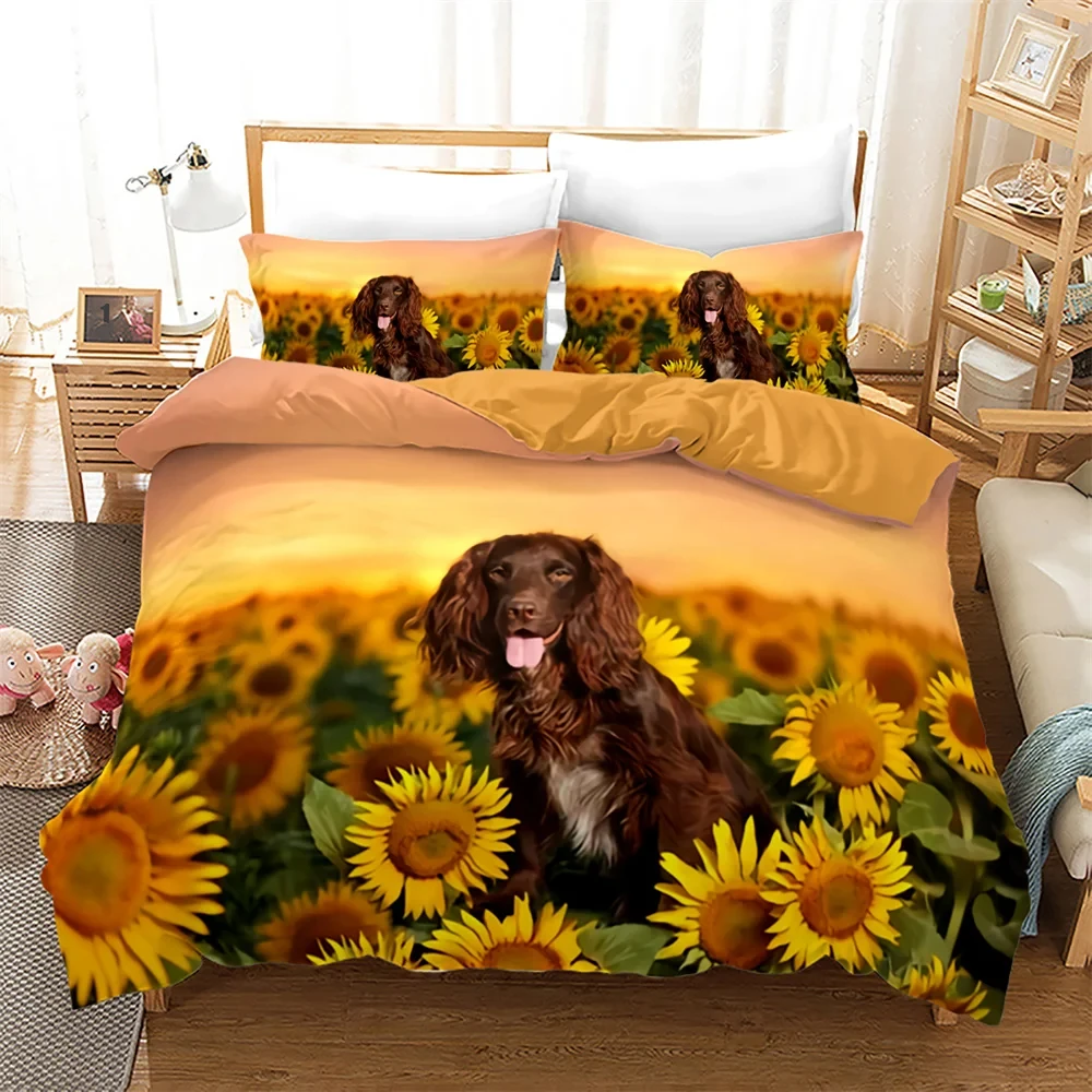 Kawaii Dog Duvet Cover Twin Queen Cute Pet Puppy Dog Comforter Cover Botanical Sunflower Bedding Set for Boys Girls Bedroom Dorm