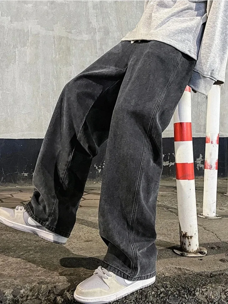 2025 New Streetwear Loose Jeans Men Korean Style Fashion Loose Straight Wide Leg Pants Men's Brand Clothing Black Light Blue