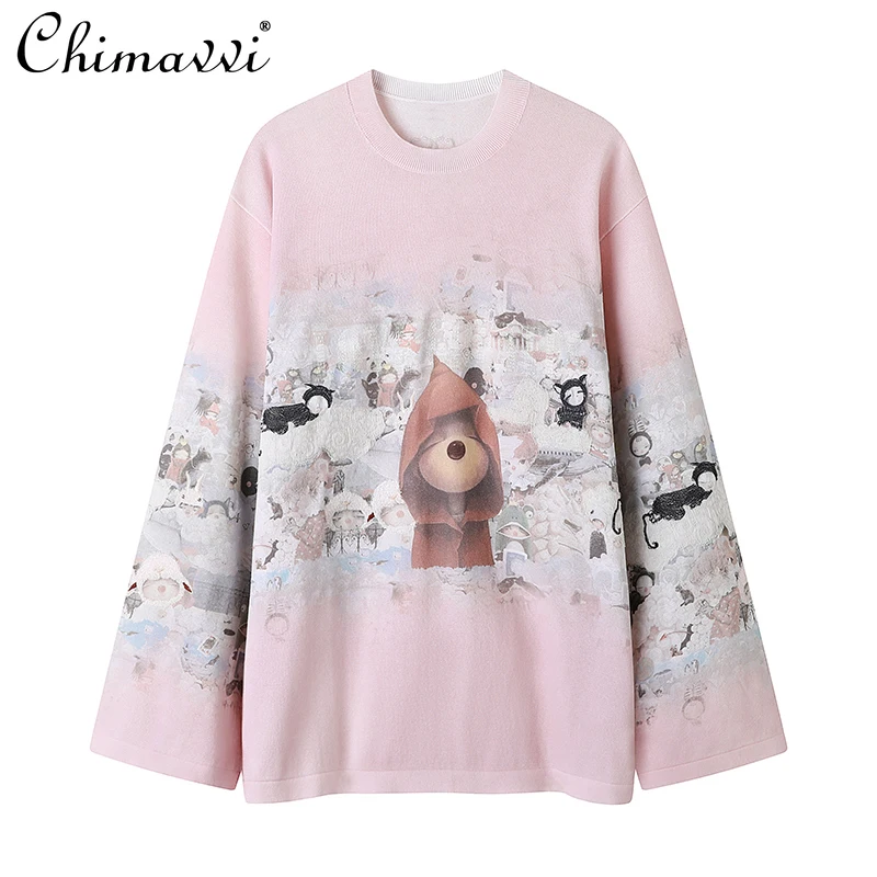 

2024 Autumn New Product Heavy Industry Embroidery Age-reducing Cartoon Pink Knitted Sweater Casual Blouse Top For Women