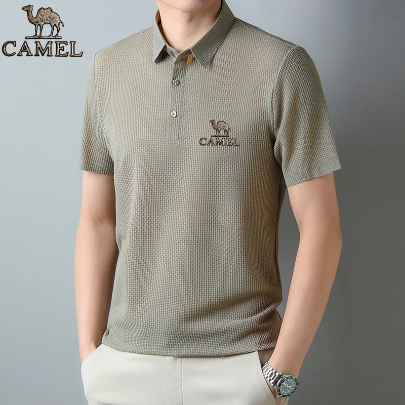 2024 Camel Authentic Badge Traceless Polo Shirt Men's Short sleeved T-shirt Summer Thin Business Casual Ice Silk Elastic Breatha