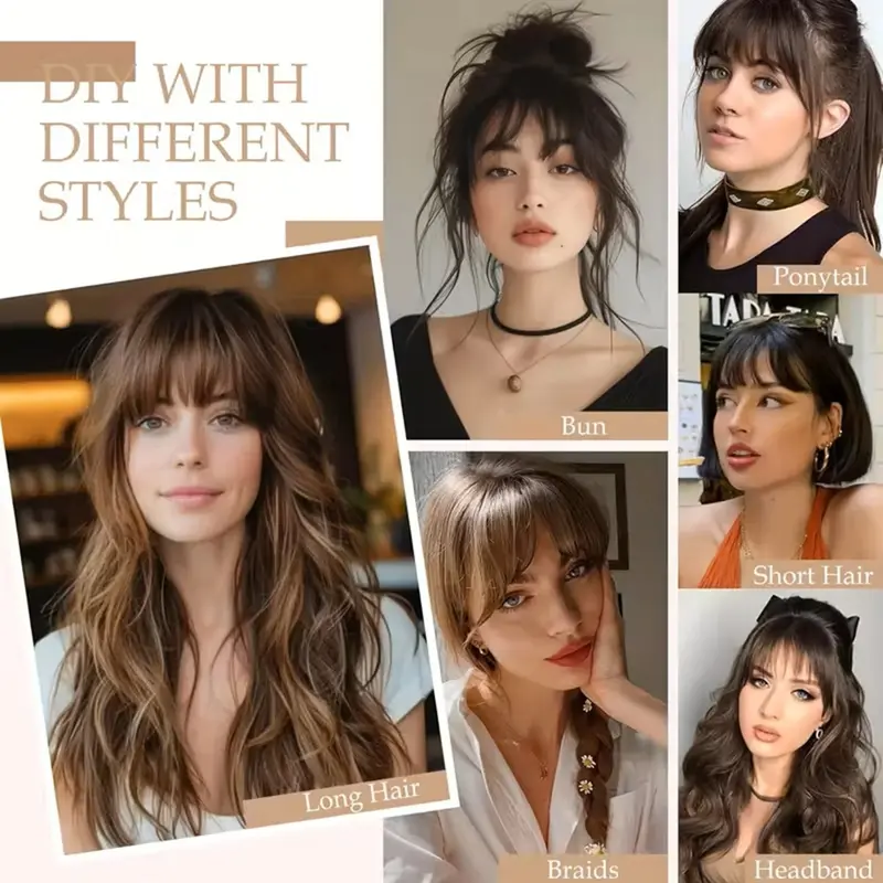 100% Human Hair Bangs Natural Brown Wispy Bang Hair Clip in Bangs Fringe with Temples Hairpiece for Women Clip on Air Bang 4.5in - Image 6