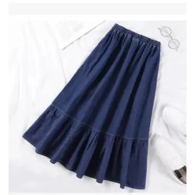 1 pcs/lot female A-line long denim skirt women casual elastic waist jeans skirts dark blue, light blue plus size ms34344