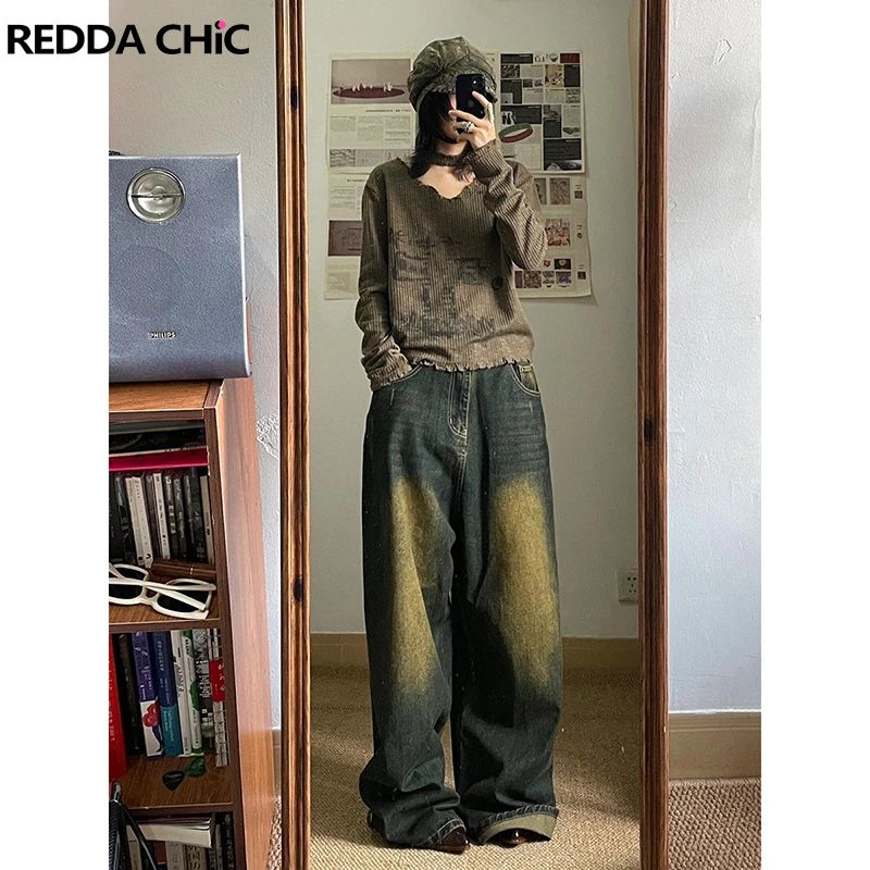 

ReddaChic Denim Green Wash Casual Wide Pants Women Adjust-waist Whiskers Frayed Do Old Plus Size Baggy Jeans Y2k Vintage Clothes