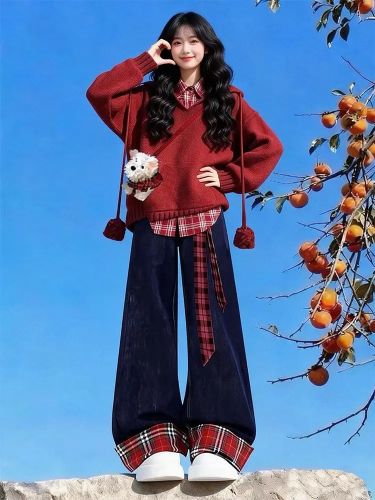 

Autumn Winter Anti-Aging Faion Set High Waist Wide Leg Jeans Plaid irt Hooded Sweater Tee Piece Set College Sle Outfit