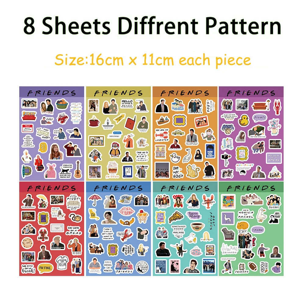 8/16sheets Classic TV Series Friends Cartoon Stickers Funny Decals Decoration Phone Notebook Luggage Waterproof Graffiti Decals