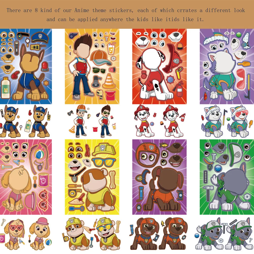 16PCS PAW Patrol Puzzle DIY Make A Face Changing Stickers For Helmet Bicycle Hand Account Pencil Case Decals view 3