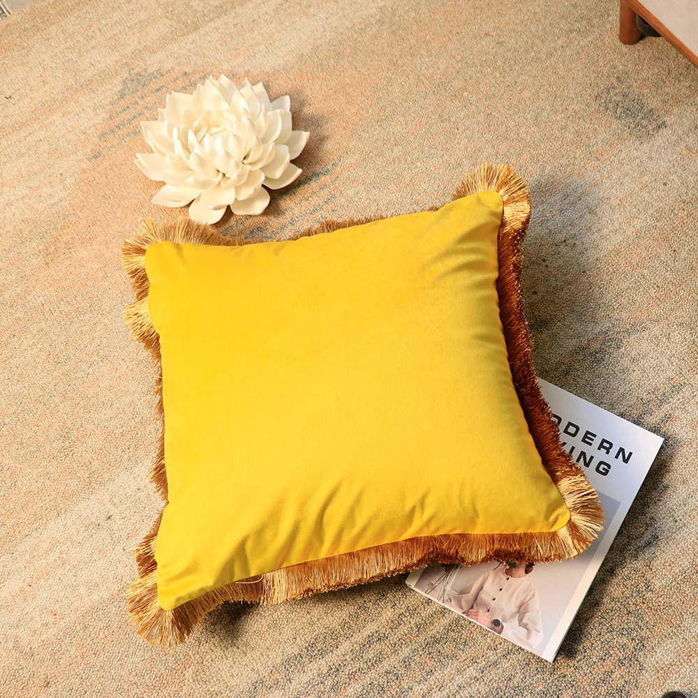 Velvet Cushion Cover with Gold Tassels Edge, Monochromatic Pillowcase, Decorative Sample Room, Bed and Sofa