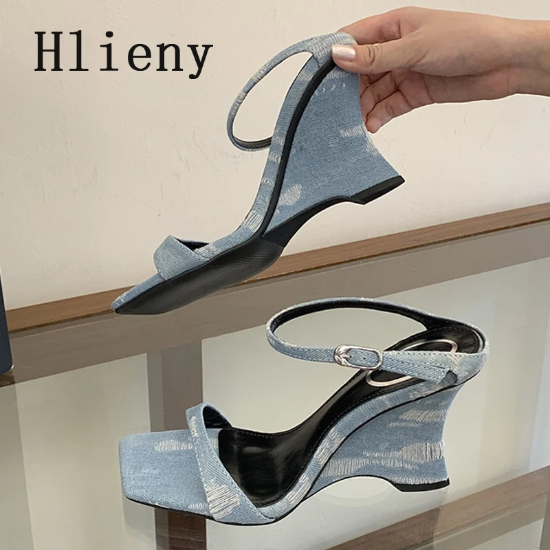 Hlieny Summer Fashion Blue Denim Wedges Slippers Women Square Toe High Heels Sandals Female Party Prom Dress Shoes Zapatos Mujer - view 4