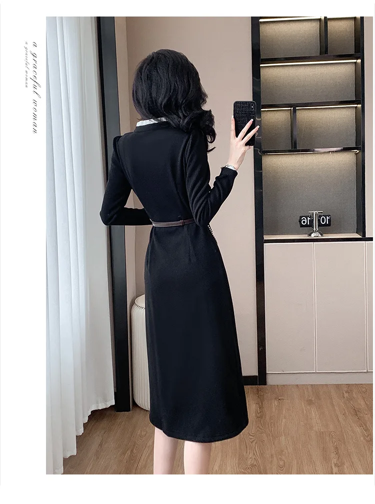 Vestido Base negro de manga larga para ir al trabajo con cuello redondo de alta calidad para mujer Otoño Invierno