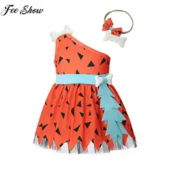 Girls Halloween Caveman Cavegirl Cosplay Costume Single Shoulder Dress with Headwear 3D Bone Decoration for Theme Party